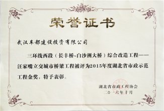2016年三环线西段综合工程湖北省金奖